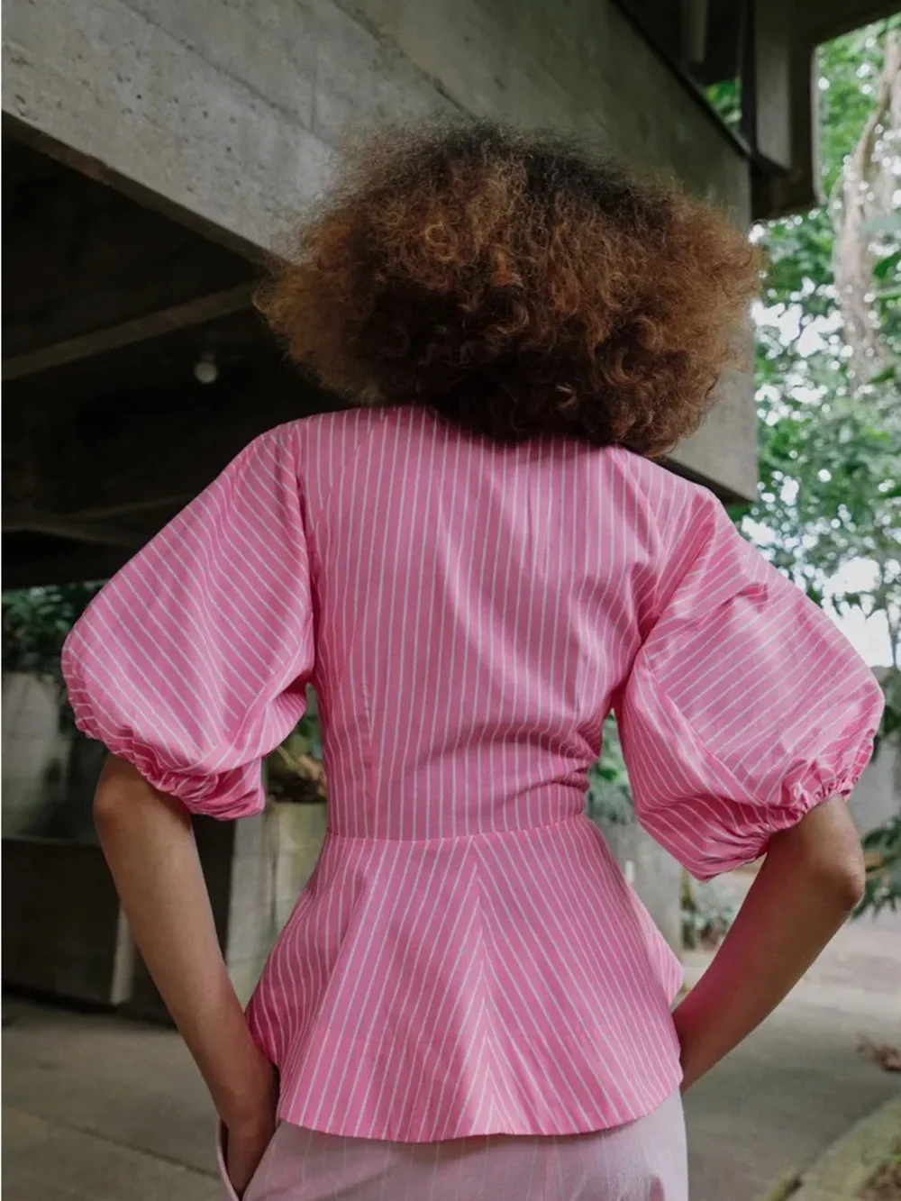 Zara Pink Striped Puff-Sleeve Peplum Blouse